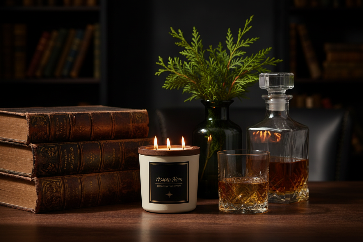 Nomad Noir candle in dark moody study lifestyle