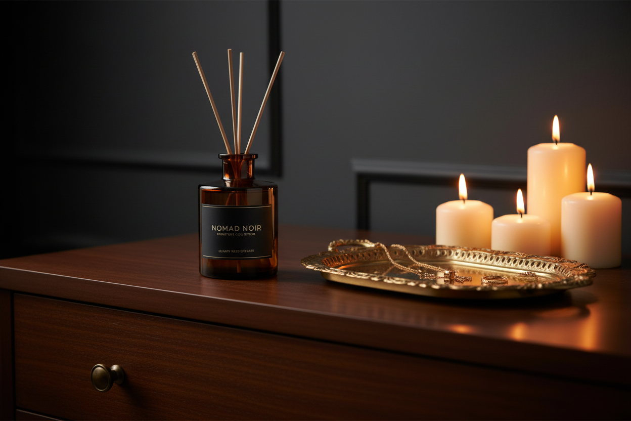 Nomad Noir reed diffuser on bedroom dresser