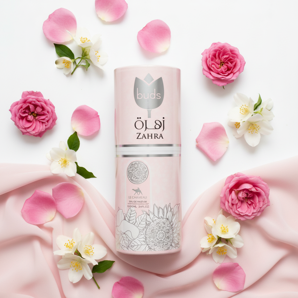 Zahra top-down flat lay with rose petals and pink fabric