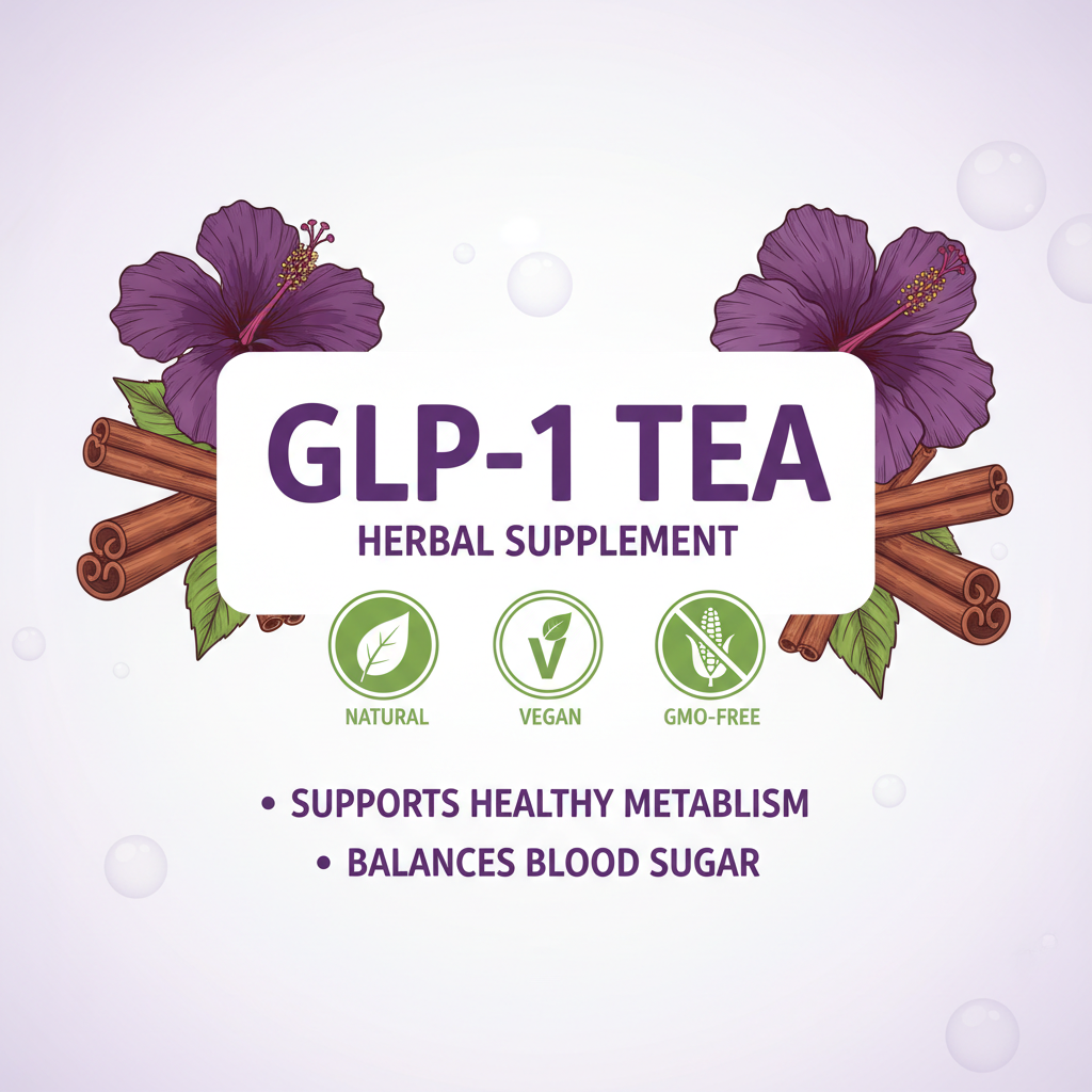 GLP-1 Tea features graphic with natural vegan GMO-free icons