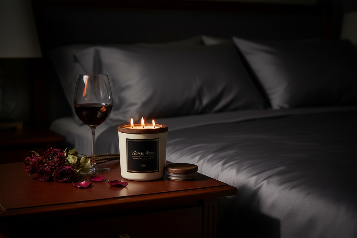 Nomad Noir candle in dark luxurious bedroom lifestyle