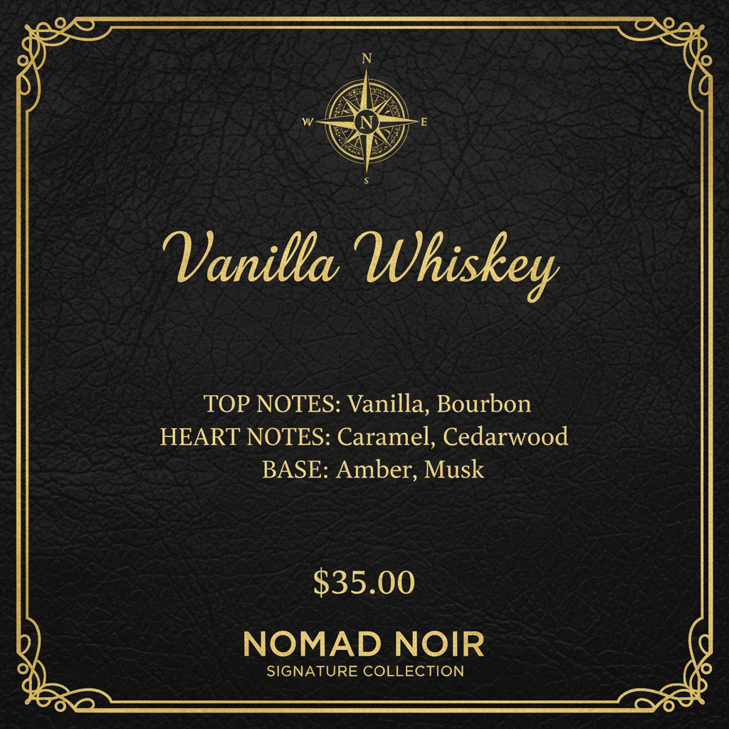 Vanilla Whiskey scent profile card – Nomad Noir