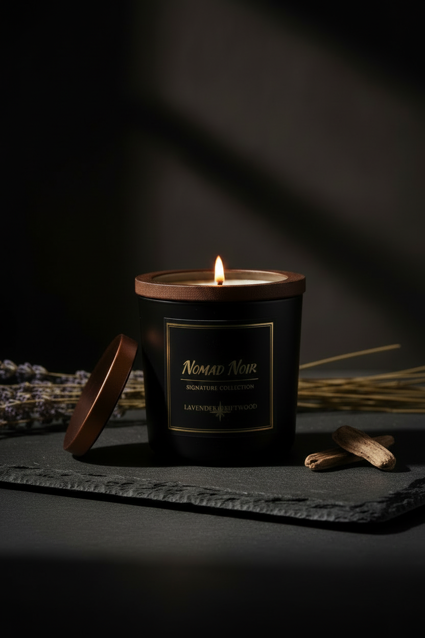 Lavender Driftwood – Nomad Noir Black Jar Candle Lit