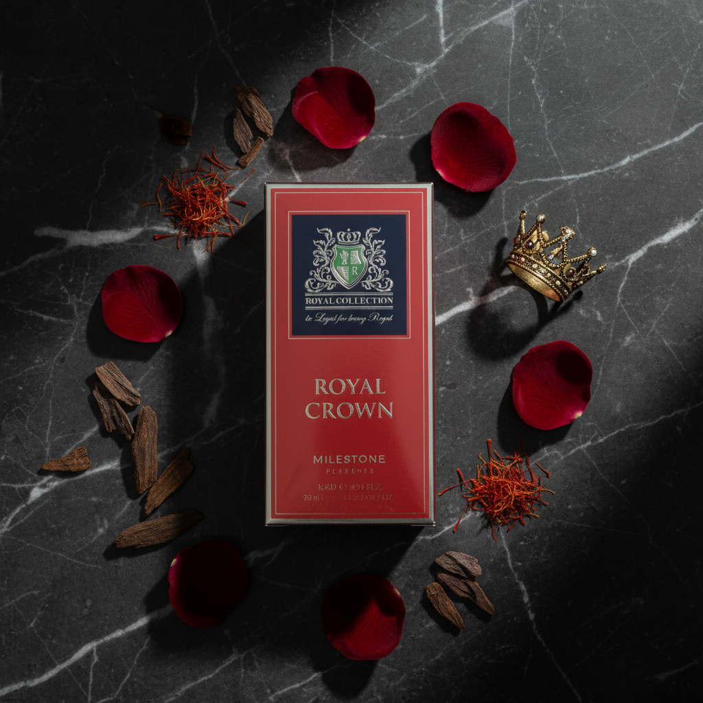 Royal Crown Milestone lifestyle flat lay with roses and saffron