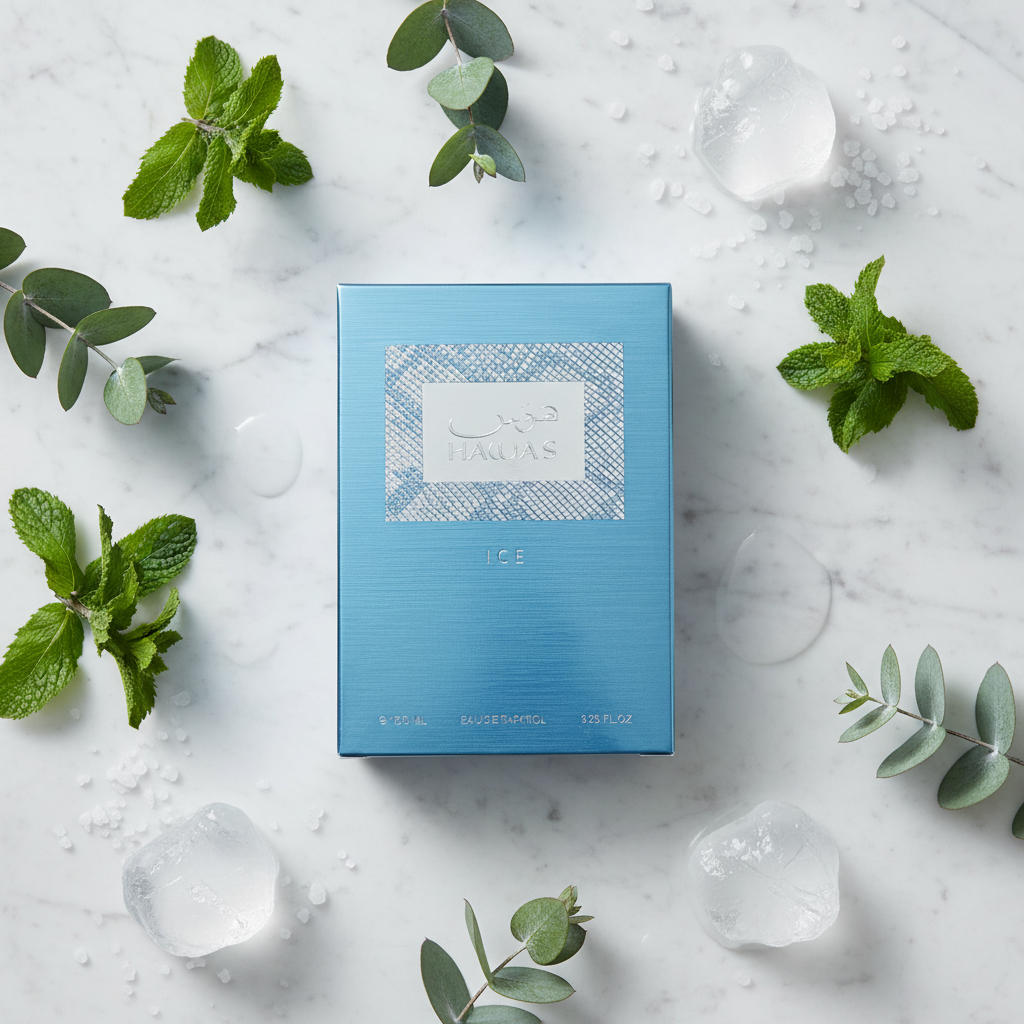 Hawas Ice lifestyle flat lay with mint and ice