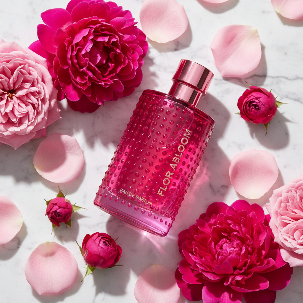 Hot pink EDP bottle close-up with pink rose petals