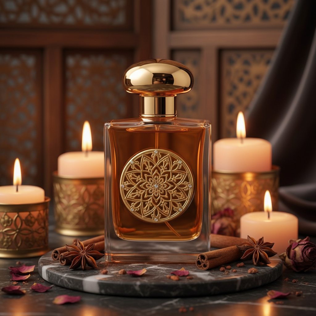 Luxury amber gold EDP bottle on dark marble