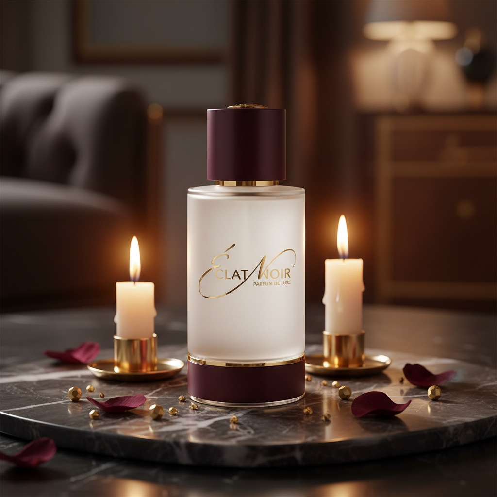 Beller Rouge white burgundy EDP bottle on dark marble