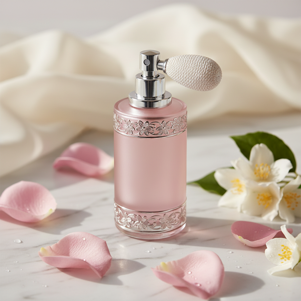 Blush pink perfume bottle close-up with rose petals
