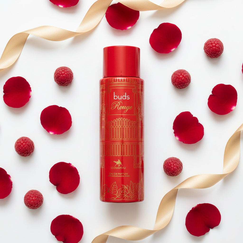 Rouge top-down flat lay with red roses and gold ribbon
