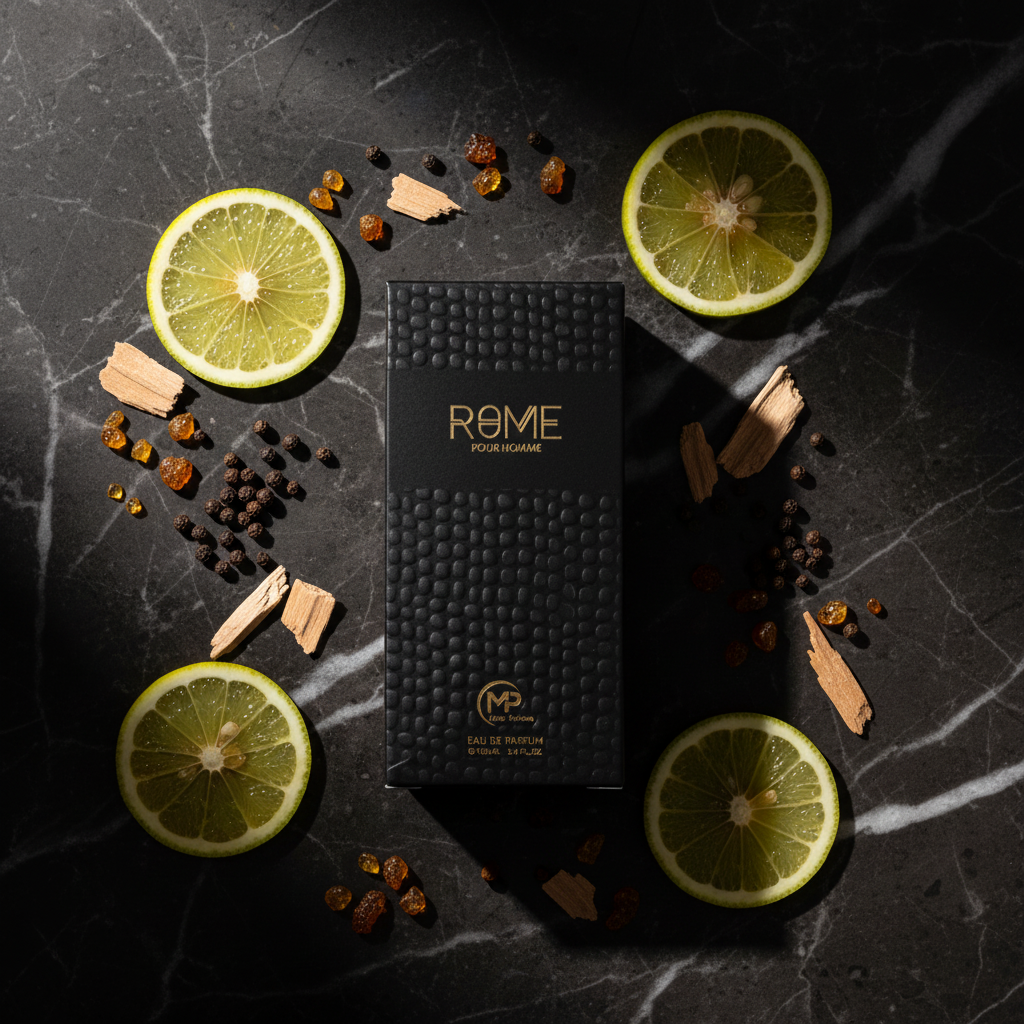 Rome Pour Homme lifestyle flat lay with bergamot and cedarwood