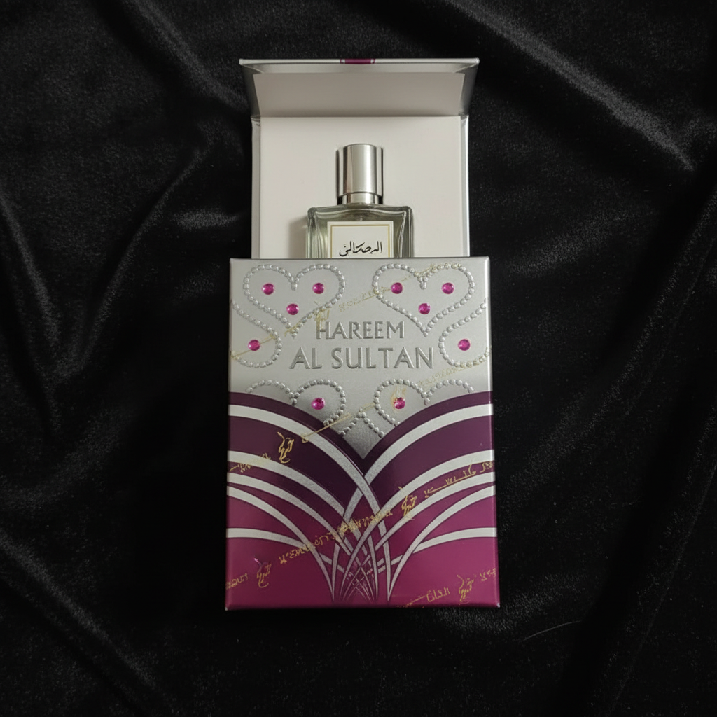 Hareem Al Sultan Silver box open showing perfume bottle