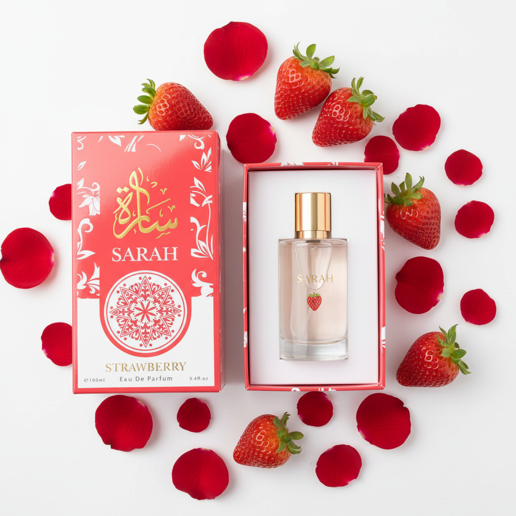 Sarah Strawberry box open showing perfume bottle