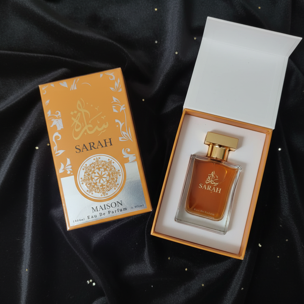 Sarah by Maison box open showing perfume bottle