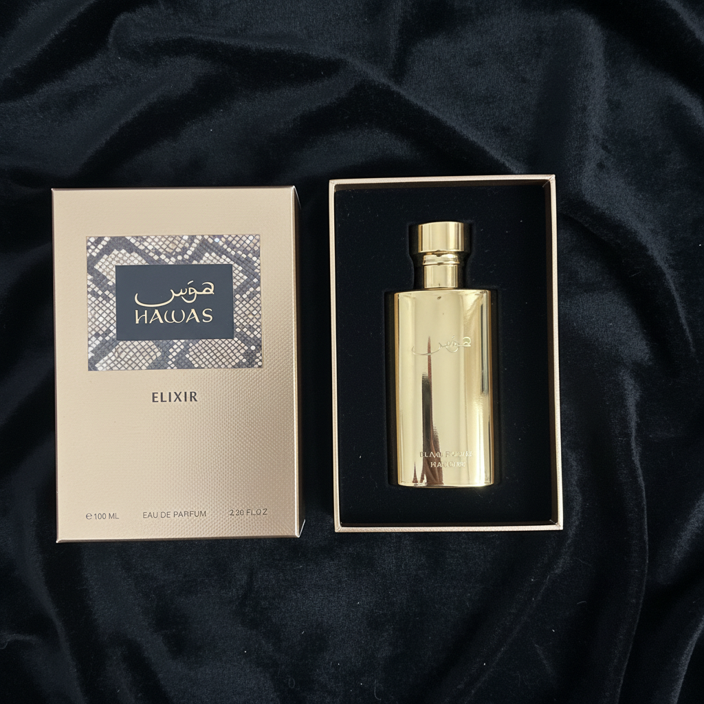 Hawas Elixir box open showing gold perfume bottle