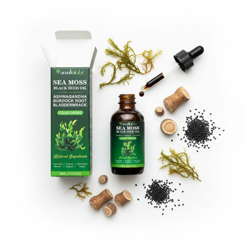 Sea Moss Black Seed Oil bottle and box top-down flat lay