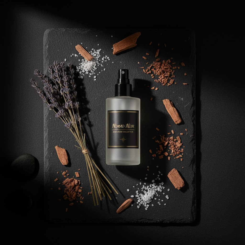 Lavender Driftwood room spray flat lay on dark slate