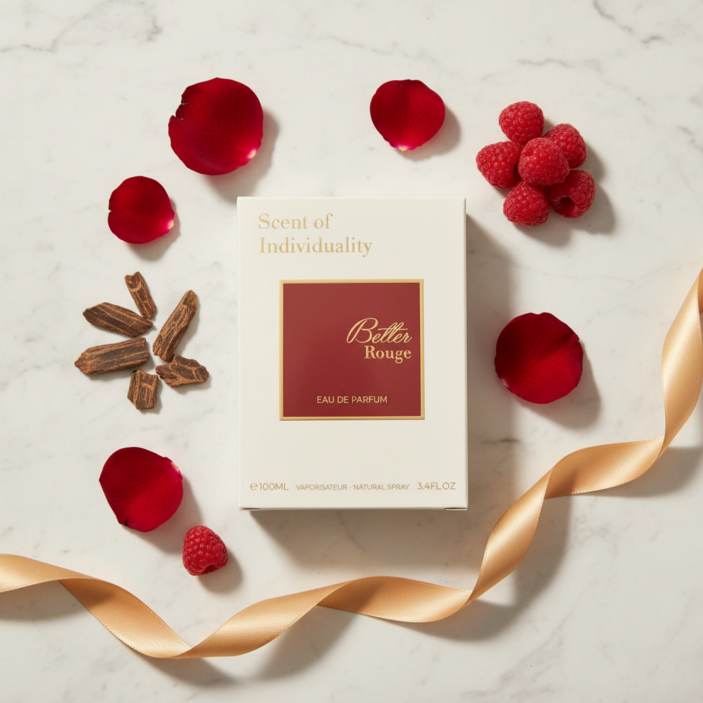 Beller Rouge lifestyle flat lay with roses and raspberries