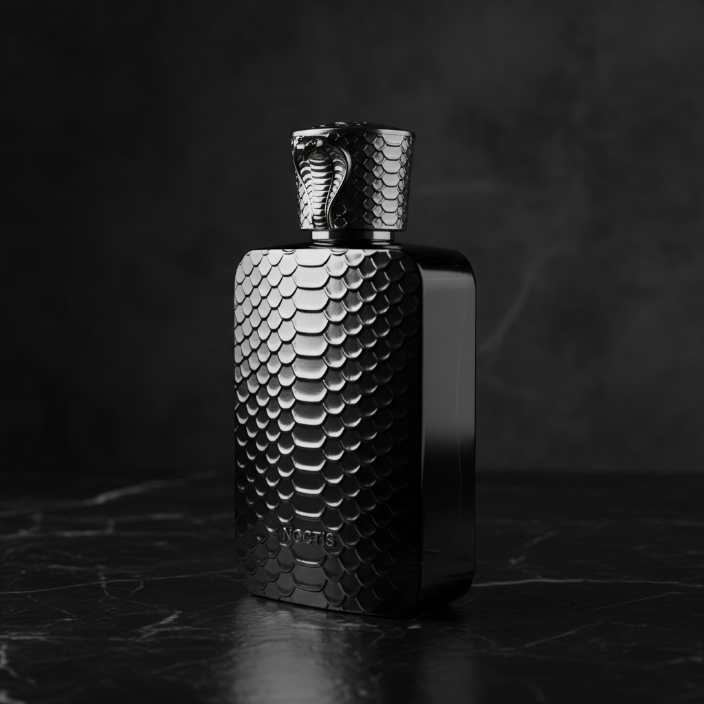 Black EDP bottle on dark marble with dramatic lighting