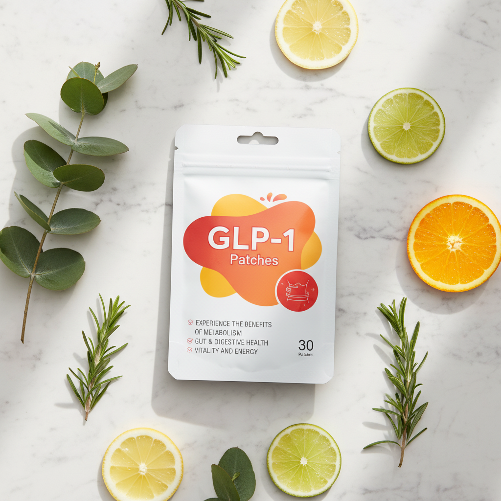 GLP-1 Patches lifestyle flat lay with citrus and leaves