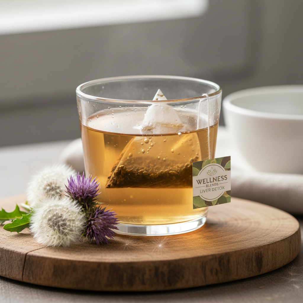Liver detox herbal tea steeping in clear glass cup
