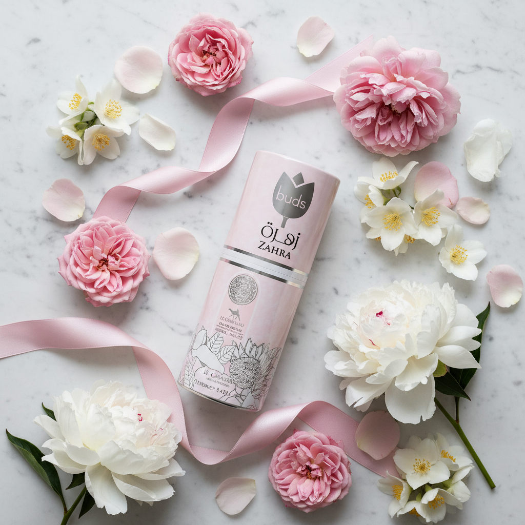 Zahra lifestyle flat lay with rose and jasmine petals