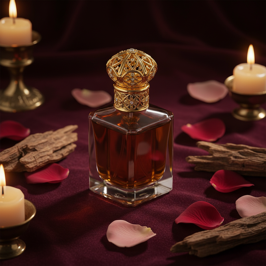 Luxury Arabic attar perfume bottle with oud and rose petals
