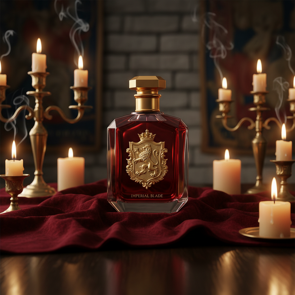 Deep red EDP bottle on dark velvet with candlelight