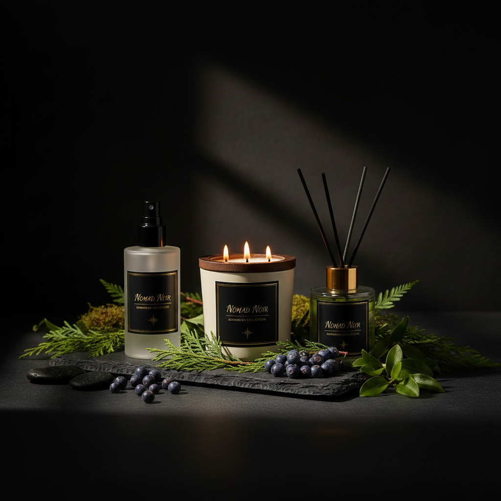 Nomad Noir Juniper Cypress candle on dark stone with botanicals