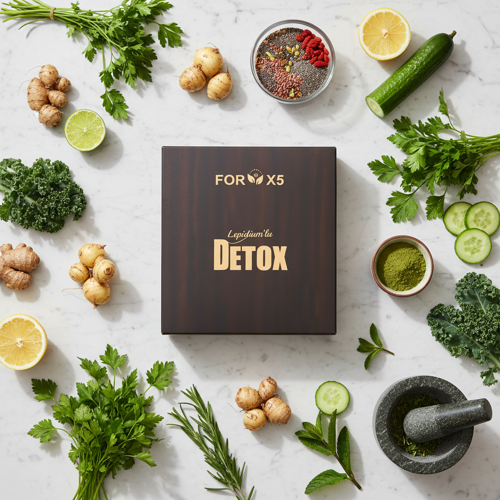 Lepidium Detox lifestyle flat lay with maca root and botanicals