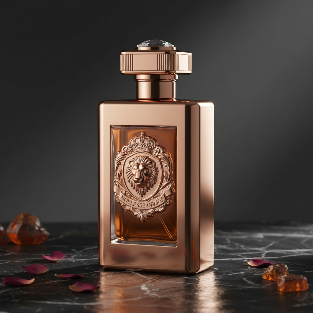 Luxury rose gold EDP bottle on dark marble